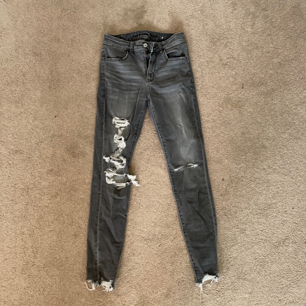 American eagle dark grey stretchy skinny jeans.